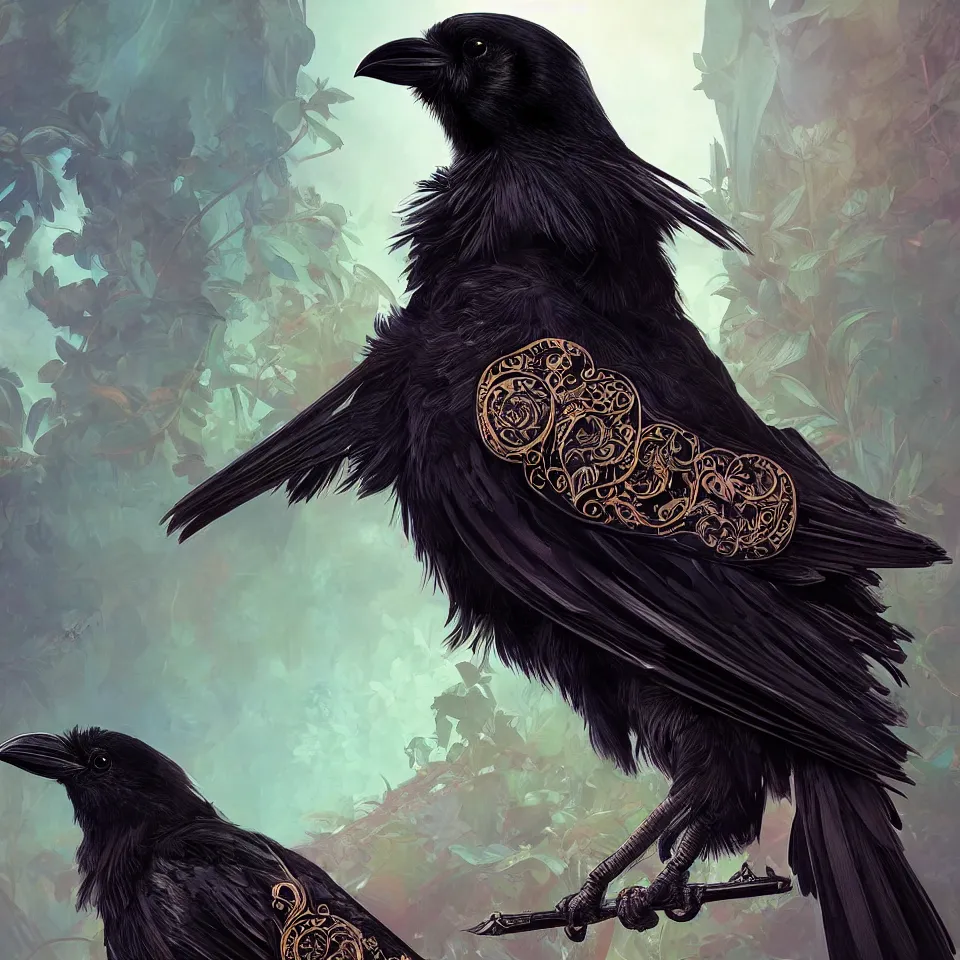 Image similar to beautiful black raven bird with ornate armor, cute, intricate, highly detailed, digital painting, trending on artstation, concept art, smooth, sharp focus, backlit, rim light, vivid colors, illustration, unreal engine 5, 8 k, art by rossdraws and alphonse mucha