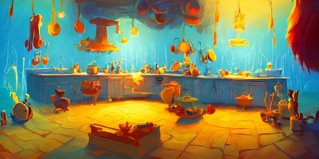 Prompt: weird perspective epic illustration of a kitchen dim lit by 1 candle in a scenic environment by anton fadeev from lorax movie