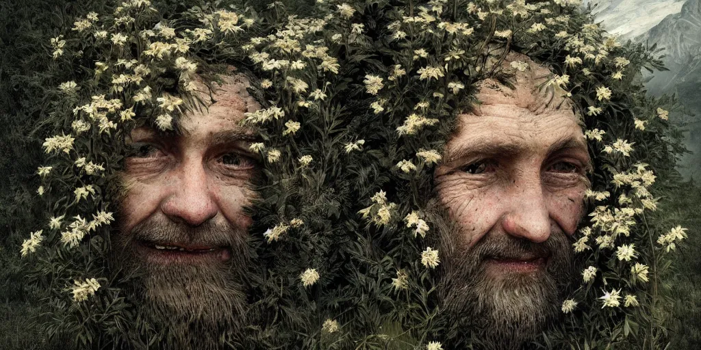 Prompt: old alpine famers head being overgrown by edelweiss, smiling, dolomites, dark, eerie, despair, portrait photography, artstation, digital art, adward winning, concept art, artstation, highly detailed, sharp focus, by caravaggio