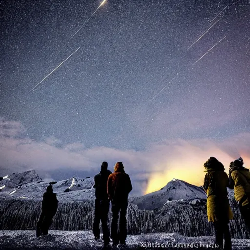 Prompt: meteors raining over alaska, people looking up in wonder, realistic, photograph
