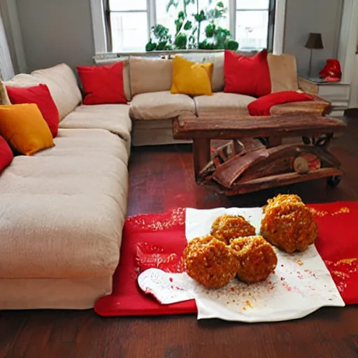 Image similar to spaghetti and meatballs shaped into a living room set