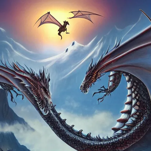 Prompt: dragons circling a tall mountain spire, fantasy art