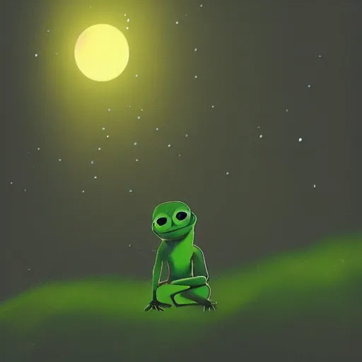 Image similar to pepe the frog flying at night through fog forest lit by the full moon