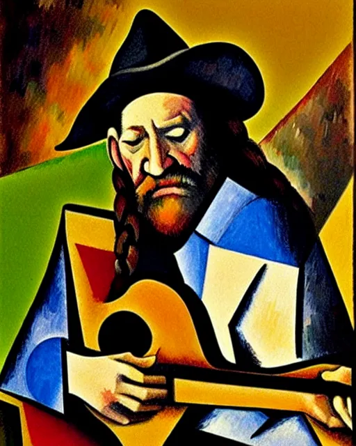 Prompt: a cubism portrait of willie nelson hugging his guitar, in the style of paul cezanne, digital art, hyperrealist