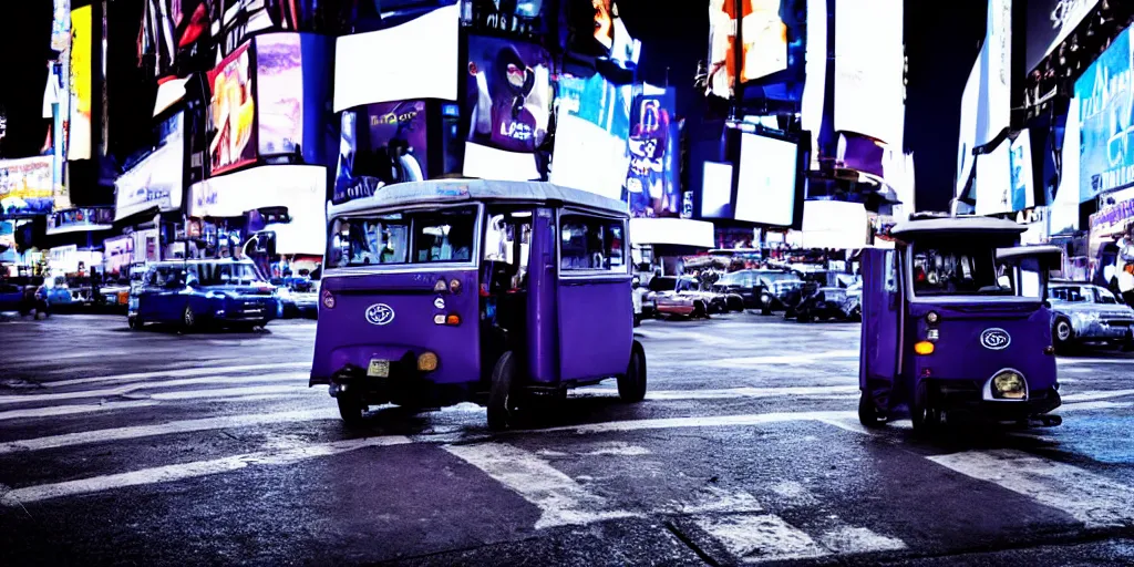 Image similar to a blue and white tuk tuk in Times Square at night, very hazy, cloudy, diffused lighting, moody, dark purple tones, shallow depth of field, 4k