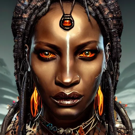 Prompt: a dark and ominous african sorceress with glowing eyes, a black diamond in her forehead, and jewelry made of bones, Apex Legends character digital illustration portrait design, by android jones and greg rutkowski in a cyberpunk voodoo style, detailed, cinematic lighting, wide angle action dynamic portrait