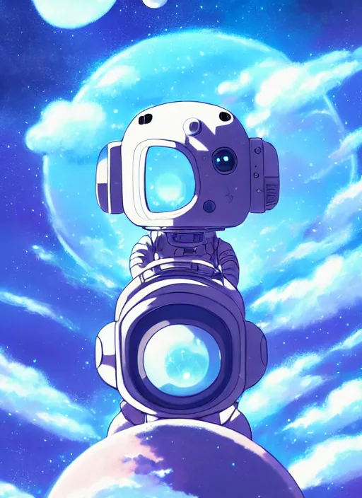 Image similar to portrait of cute kawaii astronaut android floating around a large biomechanical kaiju dragon, nebulous background of dynamic space, a dramatic composition by wlop and greg rutkowski and makoto shinkai and studio ghibli and kyoto animation cute bubbly clothing