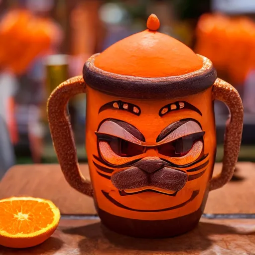 Prompt: a closeup photorealistic photograph of an orange cat garfield style tiki mug at a trader vic's bar with garfield's face on the front. tiki party. bright scene. fine detail. this 4 k hd image is trending on artstation, featured on behance, well - rendered, extra crisp, features intricate detail, epic composition and the style of unreal engine.