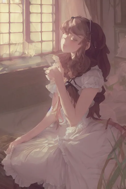 Image similar to a young lolita dressed girl in a maid's outfit in the bedroom typing front the notebook a night, raining outside the window, wavy white long hair, by krenz cushart and mucha and akihito yoshida and makoto shinkai and greg rutkowski, 4 k resolution