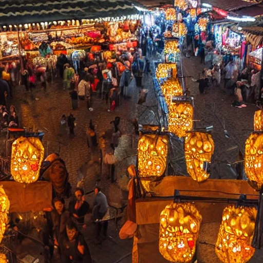 Image similar to a detailed night market full of bears in Marrakech, Gigapixel photo, detailed, glowing string lights, realistic