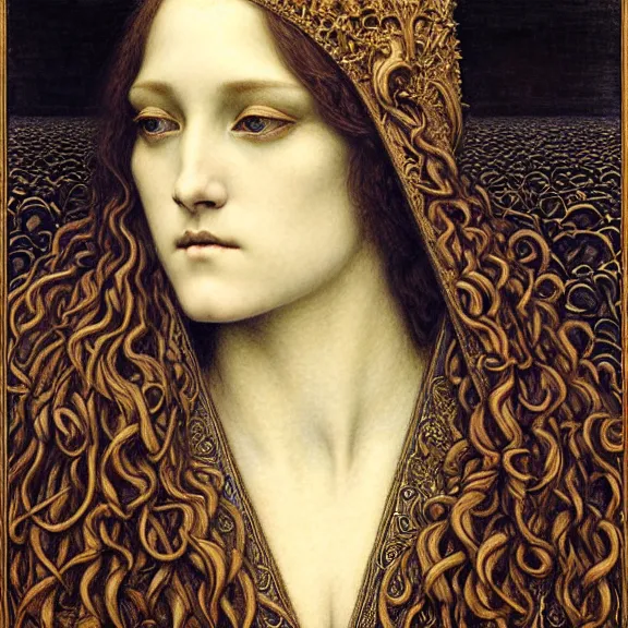 Image similar to detailed realistic beautiful young medieval queen face portrait by jean delville, gustave dore and marco mazzoni, art nouveau, symbolist, visionary, gothic, pre - raphaelite. horizontal symmetry