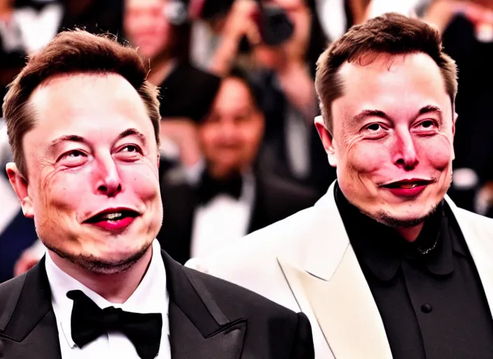 Prompt: Elon Musk and Nikola together at Met Gala 2039 in Mars Futuristic Speaking to a large crowd in an event
