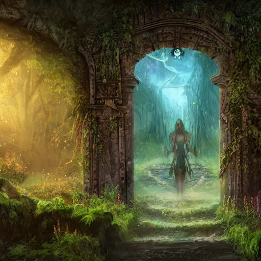 Prompt: ancient magical overgrown ruins, folkloric gates, mysetrious etherial mesmerizing eyes, extremely intricate, fantasy twilight lighting, hyper detailed, hd, masterpiece