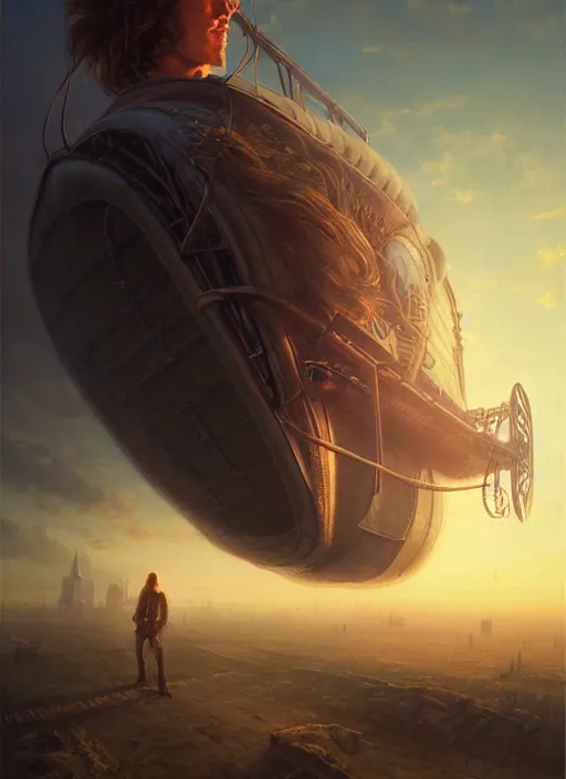 Prompt: portrait painting of a handsome face rugged long hair crimson hair male captain, top half portrait soft hair steampunk ornate mechanical zeppelin blimp airship in the background sky sunset golden hour fantasy soft hair deviantart book cover art dramatic volumetric lighting art by wlop greg rutkowski gaston bussiere