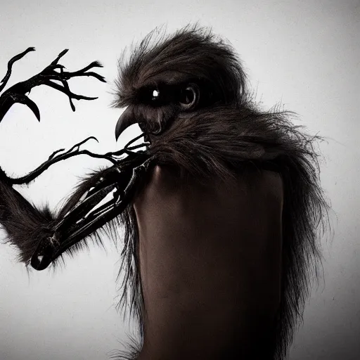 Prompt: a haunting human bird creature with broken limbs, horrifying ultra detailed photograph with dramatic lighting and fur and hair and bones and nightmares