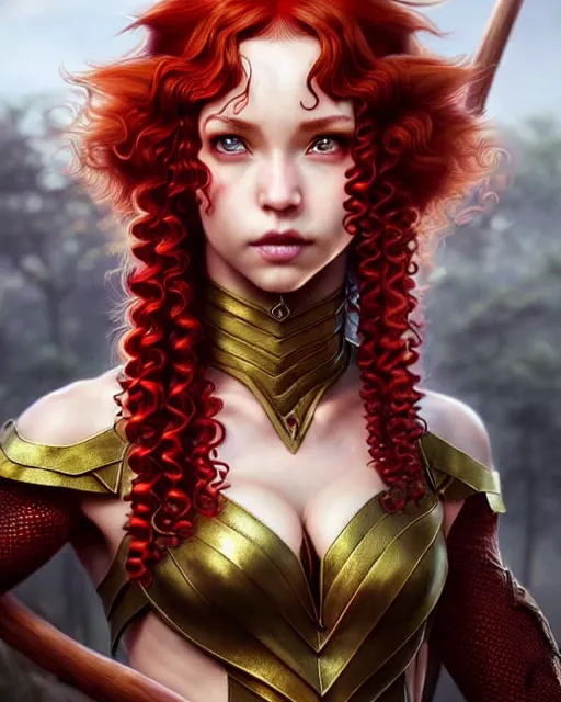 Image similar to ranger, intricate fantasy outfit!!! beautiful and athletic red curly hair female elf!! gorgeous face and eyes!! character concept art, sharp focus, octane render! unreal engine 5! highly rendered!! trending on artstation!! detailed linework!! illustration by artgerm, wlop, and chie yoshii