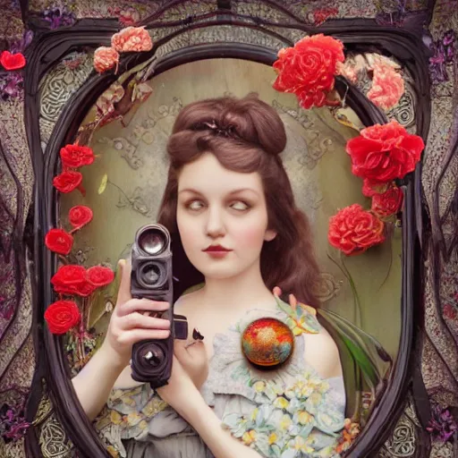 Prompt: a 3 d realistic image of a beautiful young surrounded by art lush art nouveau flowers looking at the mark ryden camera, pop 3 d ultra detailed