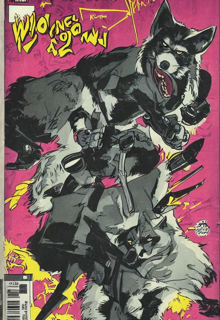 Prompt: 1 9 8 0 s comic book cover scan featuring anthropomorphic wolf o'donnell from starfox fursona furry wolf in a dark space mercenary uniform, looking badass, 8 0 s sci - fi comic art, dark grey wolf o'donnell