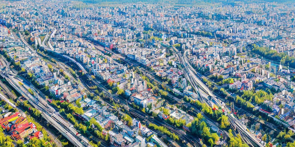 Prompt: bird's eye view photograph of a highrise Russian city, apartments, train station, pond, wide roads