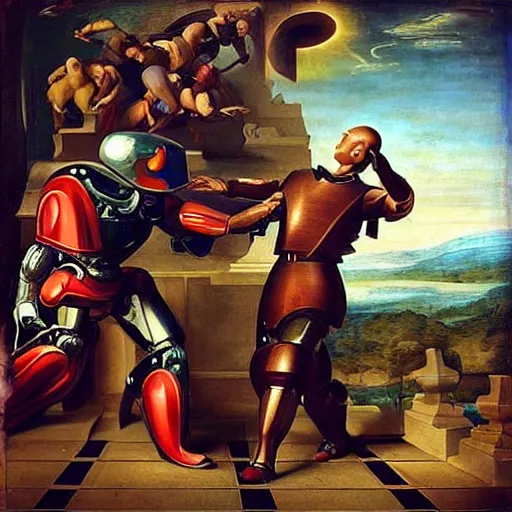Image similar to “a vivid renaissance painting of the heroic final battle between a dull man in a grey suit and a bionic cyborg robot, the fight is happening on a life sized chessboard.”