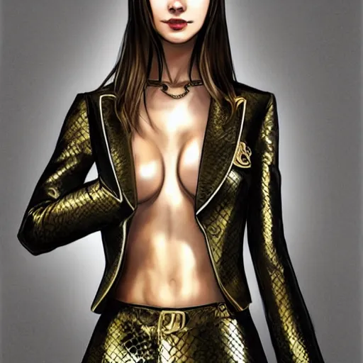 Image similar to yakuza slim girl, gold suit jacket in snake print, jacket over bare torso, yakuza tattoo on body, black short curtain haircut, black leather pants with black belt, elegant, 2d, ultra highly detailed, digital painting, smooth, sharp focus, artstation, art by artgerm, rossdraws