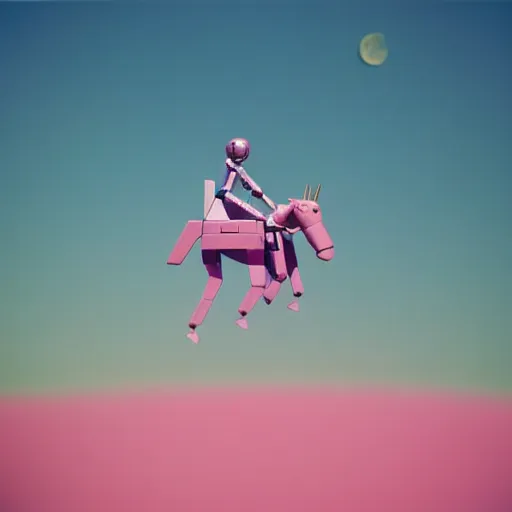 Image similar to a robot riding a pink unicorn in space, cinestill 8 0 0 t, award winning photograph, taken in 1 9 8 3