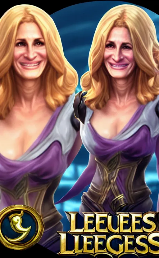 Prompt: Julia Roberts as a character in the game League of Legends, with a background based on the game League of Legends, detailed face, old 3d graphics