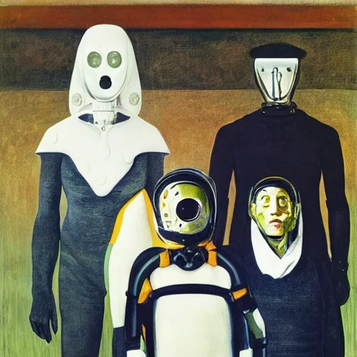 Prompt: a family portrait of alien cyborgs dressed in japanese streetwear, by andrew wyeth, hilma af klint, rene magritte, grant wood