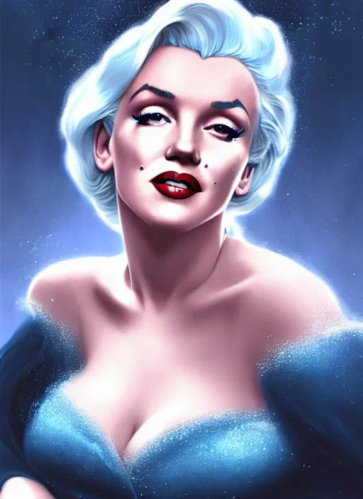 Image similar to Marilyn Monroe with Dark Blue Hair as Elsa from Frozen, western, D&D, fantasy, intricate, elegant, highly detailed, digital painting, artstation, concept art, matte, sharp focus, illustration, art by Artgerm and Greg Rutkowski and Alphonse Mucha, masterpiece, stunning, artstation