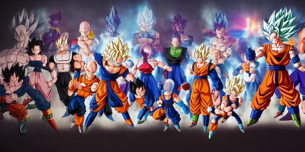 Image similar to Dragonball characters waiting for a fighting tournament to start, unreal 5, hyperrealistic, realistic, photorealistic, dynamic lighting, highly detailed, cinematic landscape, studio landscape, studio lighting