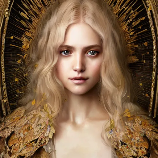 Prompt: portrait painting of a beautiful blonde lady with a kind face wearing a feathered cloak and noble garments, ultra realistic, concept art, intricate details, eerie, highly detailed, photorealistic, octane render, 8 k, unreal engine. art by artgerm and greg rutkowski and charlie bowater and magali villeneuve and alphonse mucha