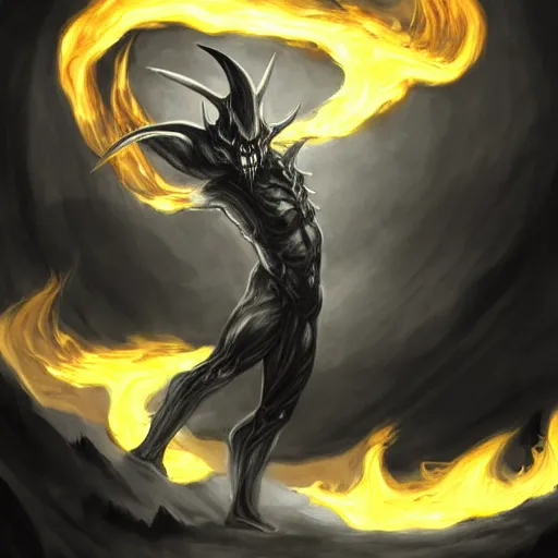 Image similar to full body grayscale drawing by Anato Finnstark of horned demon in dynamic pose, swirling flames