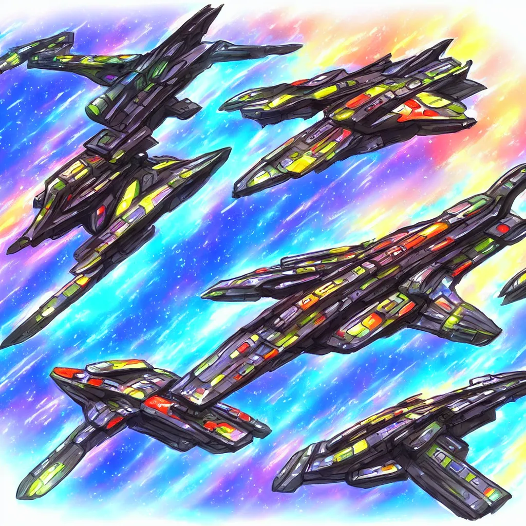 Image similar to combat spaceship concept art colorful