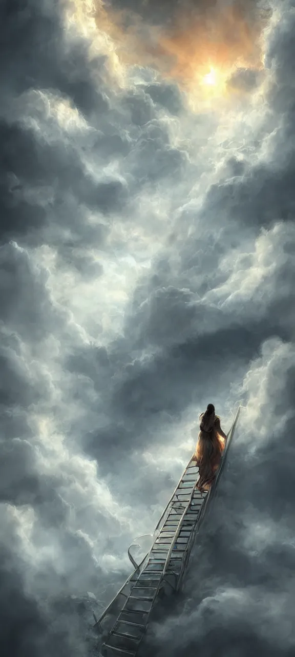 Image similar to stairway ladder to heaven angels ascending artstation ethereal atmospheric epic clouds rays concept art