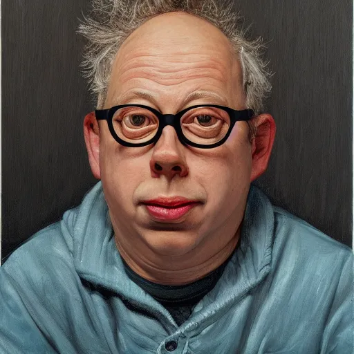 Image similar to high quality high detail painting of todd solondz portrait, happy, showing strong content, pleasure, or fun ; full of joy, by lucian freud and francis bacon, hd, photorealistic lighting