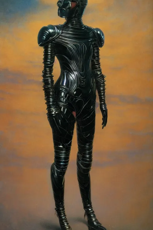 Image similar to full body portrait of beautiful gothic and futuristic fashion model, elegant space armour, cyber armour, highly detailed, artstation, illustration, composition, 8 k quality, art by jean delville, rene magritte, hyperrealism oil painting