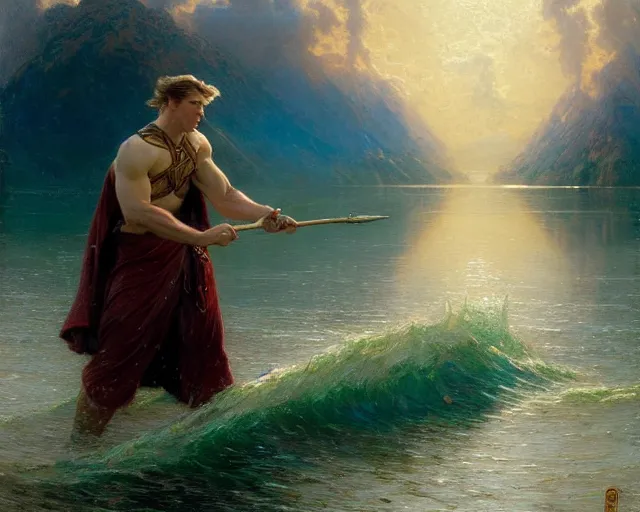 Image similar to attractive male wizard casting powerful giant tsunami spell in a beautiful lake. highly detailed painting by gaston bussiere, craig mullins, j. c. leyendecker 8 k