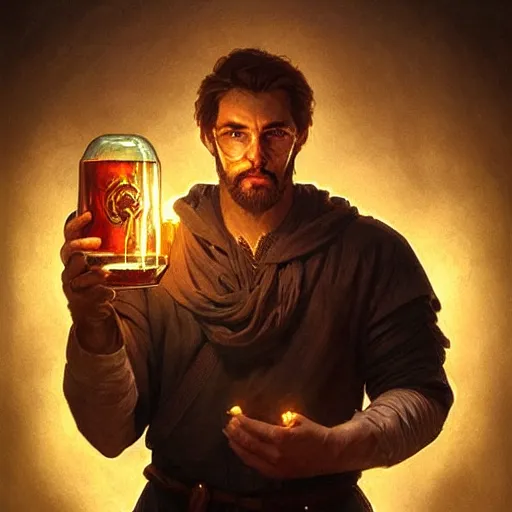 Image similar to man holding he's soul in a jar portrait, backlight, rim lighting, deep focus, d & d, fantasy, intricate, elegant, highly detailed, digital painting, artstation, concept art, matte, centered, sharp focus, illustration, hearthstone, art by artgerm, greg rutkowski and alphonse mucha