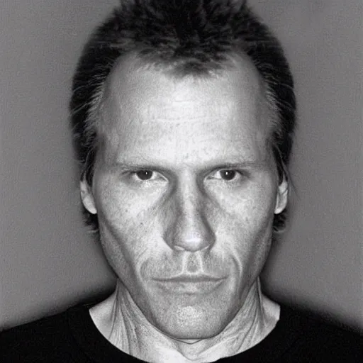 Image similar to A mugshot portrait of a middle aged older man who looks like Jerma985 with a receding hairline and short mid-length wavy hair, wearing mid-1980s menswear in the late 2008, taken in the late 1980s, grainy, realistic, hyperrealistic, very realistic, highly detailed, very detailed, extremely detailed, detailed, trending on artstation, front facing, front view, headshot and bodyshot, detailed face, very detailed face