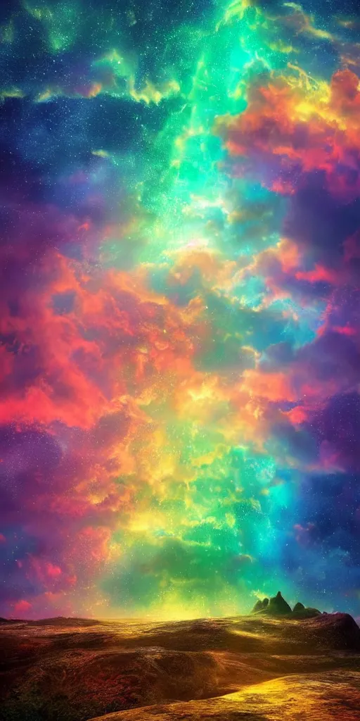 Prompt: hyper realistic photo of beautiful dreamy sky full of a billion rainbow stars, yoda, hyper realistic, fractal art, art station, coherent design, symmetrical, vivid colour, complementary colour, golden ratio, detailed, sharp lines, intricate, rainbow shift, in unreal 3 d engine, ray tracing, octane render