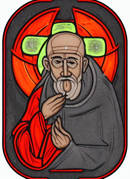 Image similar to old man with red eyes, infernal icon with halo, color art in church style 4 k