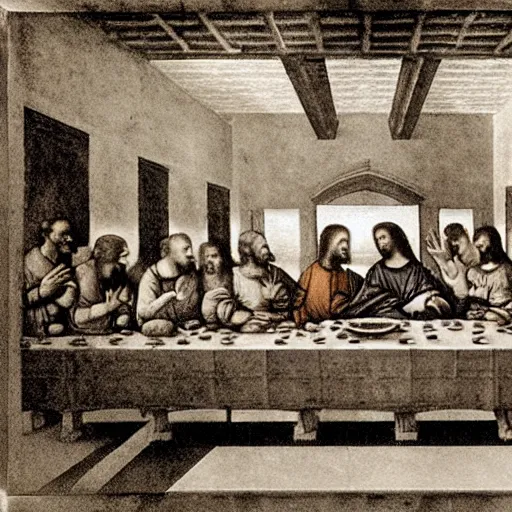 Image similar to x - ray imaging photograph of the last supper by leonardo da vinci