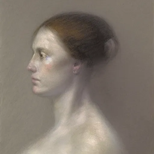 Image similar to white chalk study of a womans portarit by arnold bocklin. fine detail showing the forms of the face. studio lighting. sketch where you can see the artists lines