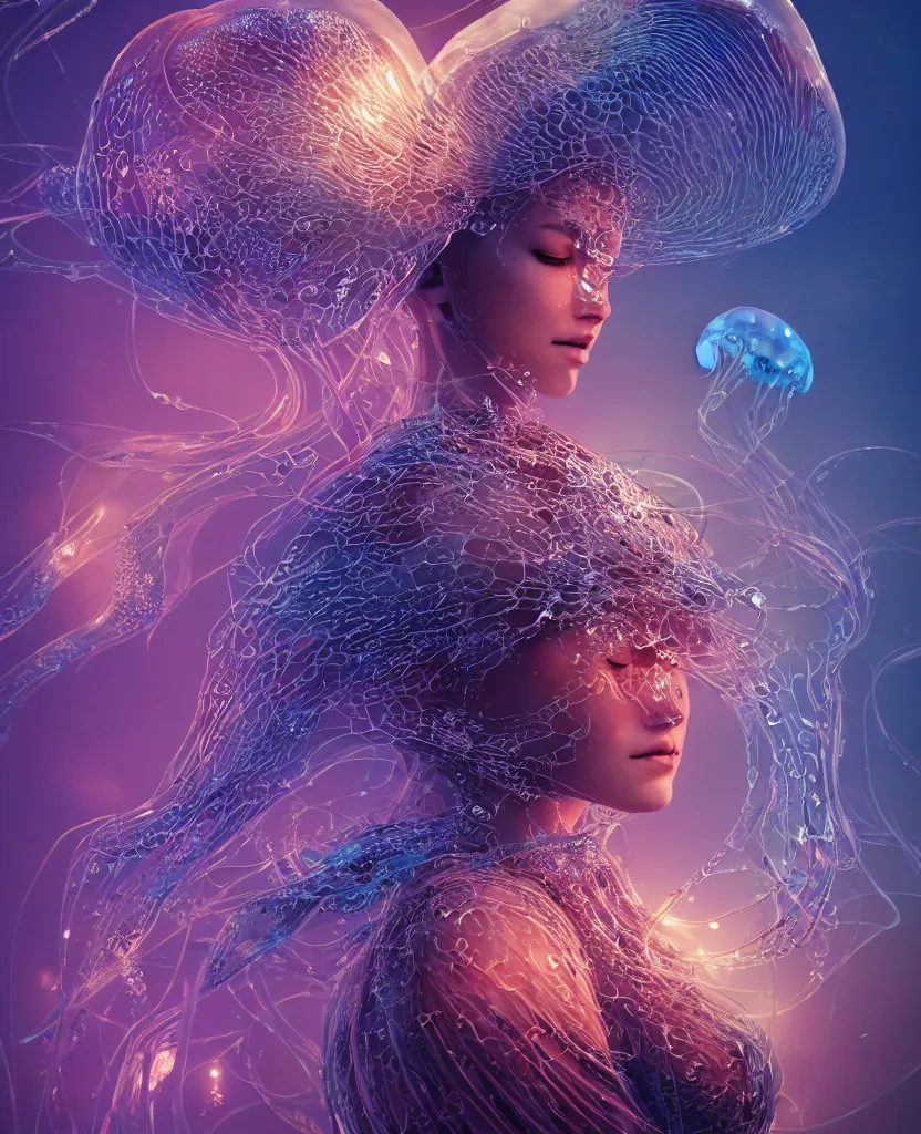 Image similar to close-up macro portrait of the face of a beautiful princess, epic angle and pose, symmetrical artwork, 3d with depth of field, blurred background, cybernetic jellyfish female face skull phoenix bird, translucent, nautilus, energy flows of water and fire. a highly detailed epic cinematic concept art CG render. made in Maya, Blender and Photoshop, octane render, excellent composition, cinematic dystopian brutalist atmosphere, dynamic dramatic cinematic lighting, aesthetic, very inspirational, arthouse. y Greg Rutkowski, Ilya Kuvshinov, WLOP, Stanley Artgerm Lau, Ruan Jia and Fenghua Zhong