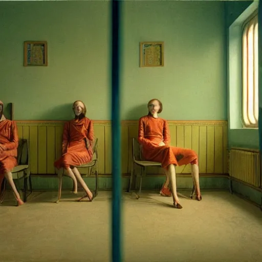 Prompt: twins in an soviet golden liminal abandoned room, film still by wes anderson, depicted by balthus, limited color palette, very intricate, art nouveau, highly detailed, lights by hopper, soft pastel colors