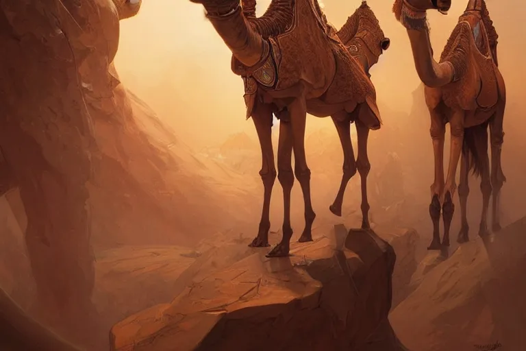 Image similar to triple headed camel, 1 0 0 1 night, deep focus, d & d, fantasy, intricate, elegant, highly detailed, digital painting, artstation, concept art, matte, sharp focus, illustration, hearthstone, art by artgerm and greg rutkowski and alphonse mucha