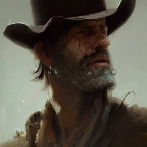 Prompt: Portrait painting of a rugged cowboy by greg rutkowski and Craig Mullins, Dark atmospheric and cinematic lighting