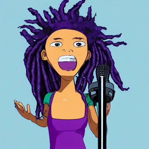 Image similar to black woman with purple dreads with a microphone in space in the style of ghibli