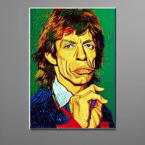 Image similar to an artistic portrait of mick jagger, smiling, high quality, studio photography, colorful, hero, heroic, beautiful, in the style of vincent van gogh