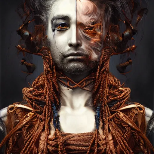 Image similar to portrait of a Shibari rope wrapped face and neck, headshot, insanely nice professional hair style, dramatic hair color, digital painting, of a old 17th century, old cyborg merchant, amber jewels, baroque, ornate clothing, scifi, realistic, hyperdetailed, chiaroscuro, concept art, art by Franz Hals and Jon Foster and Ayami Kojima and Amano and Karol Bak,